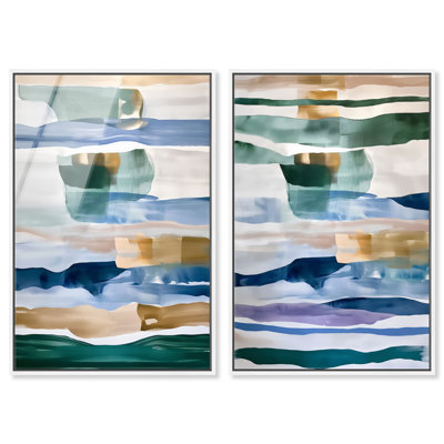 Ensemble de deux impressions acryliques encadrées « Rythmes en bandes » par Art Remedy, cadre blanc, 24 x 36