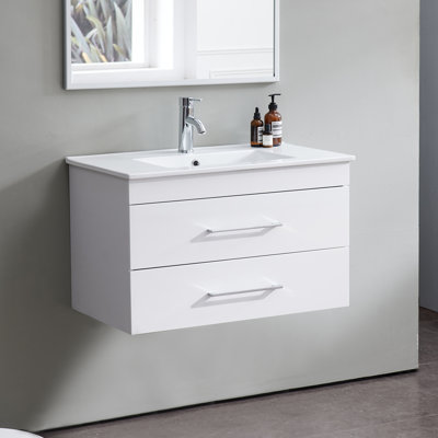 32" White Gloss Floating Wall-Mounted Bathroom Storage, 2 Soft-Close Drawers, Ceramic Sink