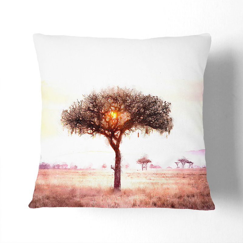 Lone Tree in the Serengeti in Tanzania Painting Cushion with Filling, 40cm H x 40cm W x 15cm D, Stone