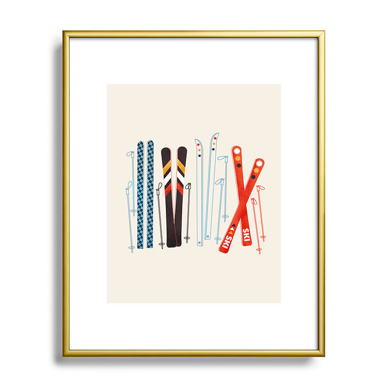 Showmemars Retro Ski Illustration, reproduction d'art encadrée, Cadre métallique doré, H 10 po x l 8 po x P 0,88 po