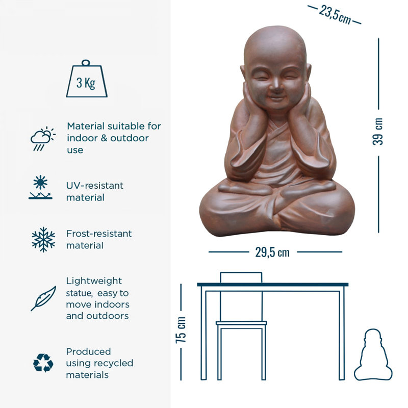 Buddha Statue Indoor and Outdoor, Terracotta Effect Feng Shui Ornament, Buddha Baby Monk Figurine L29.5 W23.5 H39 cm