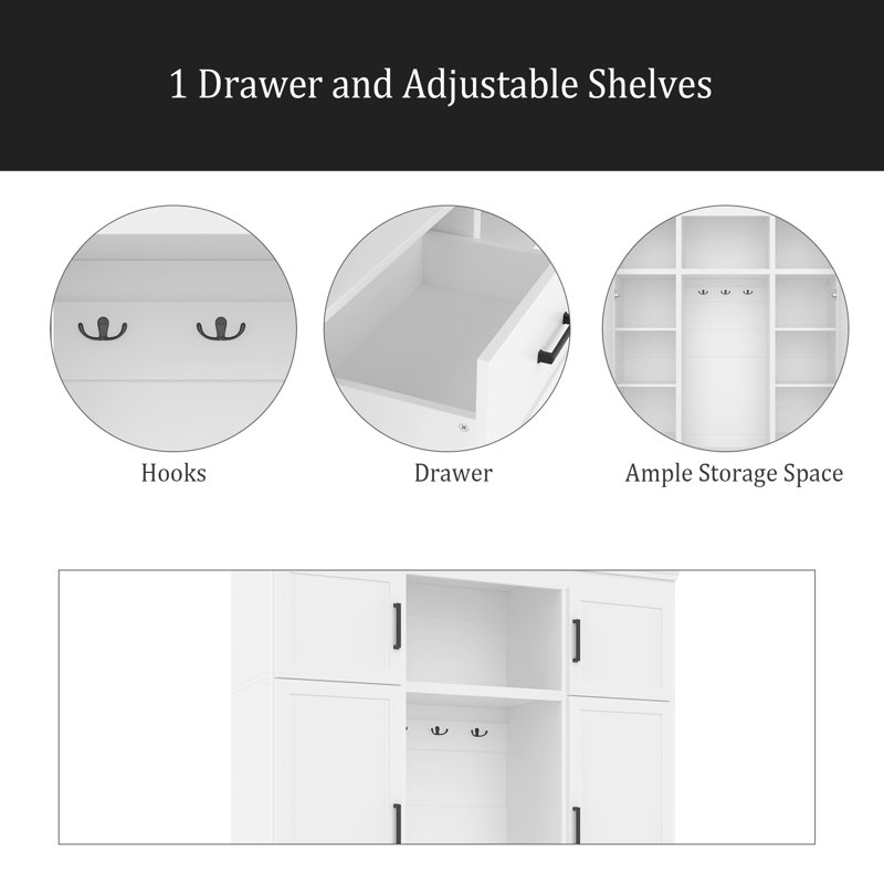 Hall Tree With Bench And 3 Hooks, Modern Entryway Storage Organizer Cabinet With 4 Doors, 1 Drawer And Adjustable Shelves For Hallway, Entryway, Living Room