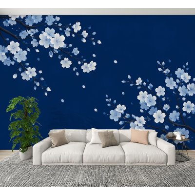 Peel and Stick Wallpaper Cherry Blossom Branches Deep Blue Japanese Floral Wall Murals 100"H x 144"W Removable PVC Wall Paper Self-Adhesive Wall Decor for Bedroom Living Room Home Office