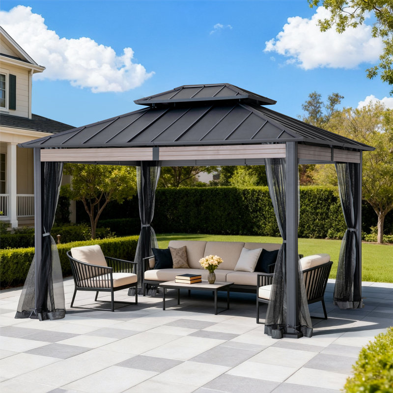Sunjoy 3.6m X 3m Heavy-duty Hardtop Gazebo With Mosquito Netting & Wood-look Beams