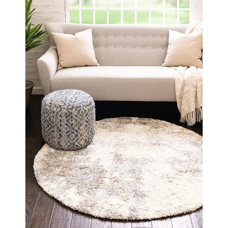 Tapis abstrait en polypropylène tissé à la machine en beige / kaki, Rond 3 pi 3 po
