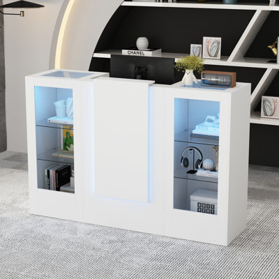Bureau de réception blanc 59,1 '' avec lumières DEL, armoires en verre transparent et plateau à clavier