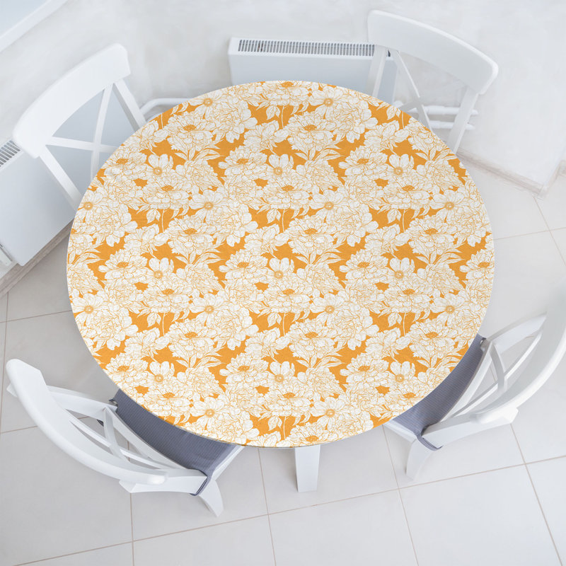 Winston Porter Floral Fitted Round Tablecloth 56"- 60" Diameter Pale Orange and White, 51.97" Round