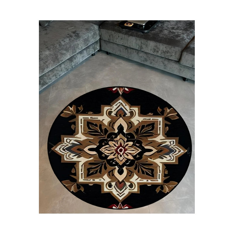 Brown Beige Floral Patterned Round Woven Base Vintage Decorative Carpet, Round 5'