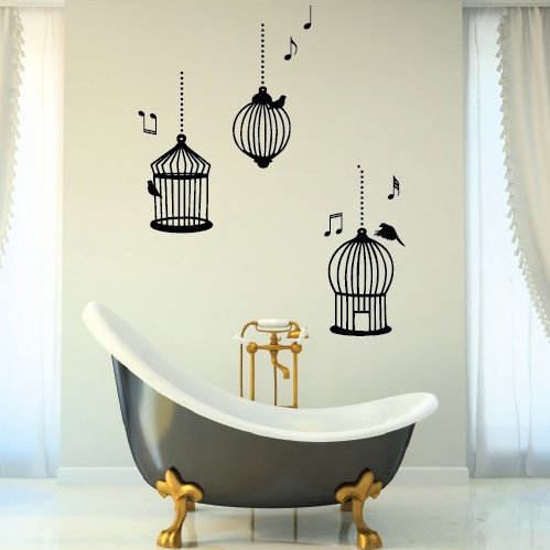 Décalcomanie murale cages d’oiseaux de chanson, H 56 po x l 33 po x P 0,01 po, Noir