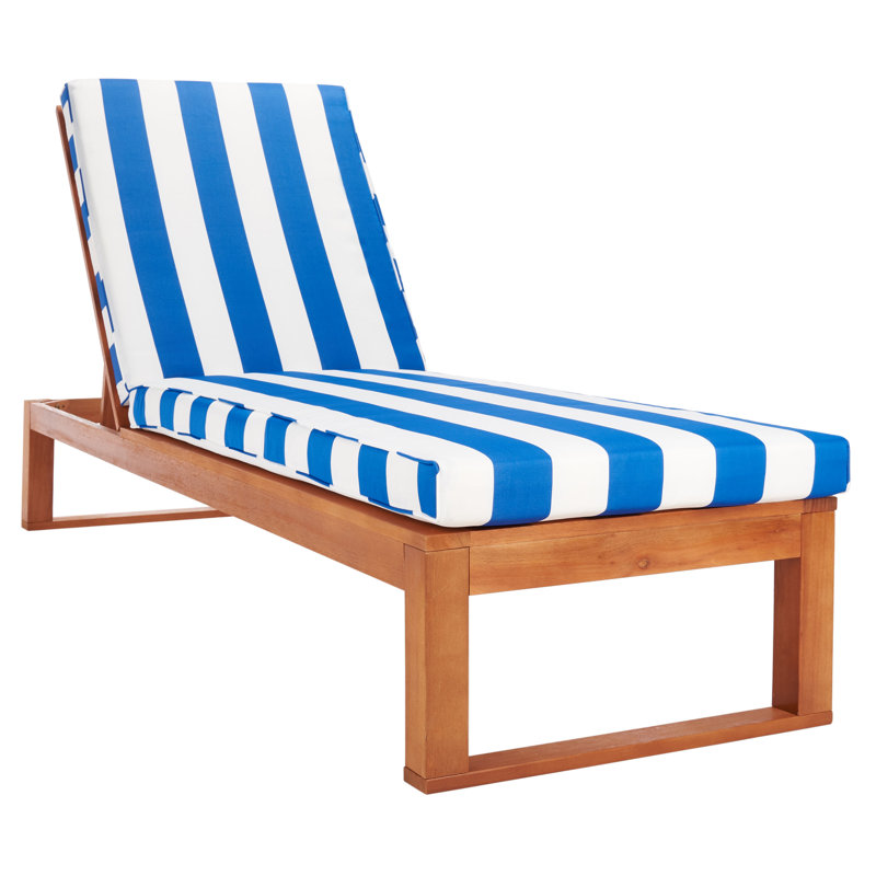 Chaise longue simple inclinable en eucalyptus avec coussins 80,9 po Faunce, Naturel, Bleu royal/blanc