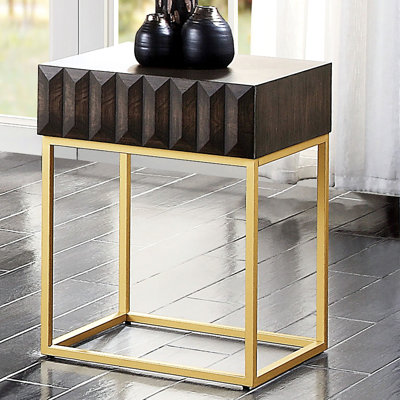 Table d'appoint contemporaine avec combinaison de métal et de bois, pieds en acier doré, finition noyer, tiroirs dissimulés - glissières fonctionnelles