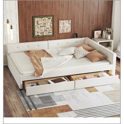 Lit plateforme tapissier double avec USB et 2 tiroirs, beige