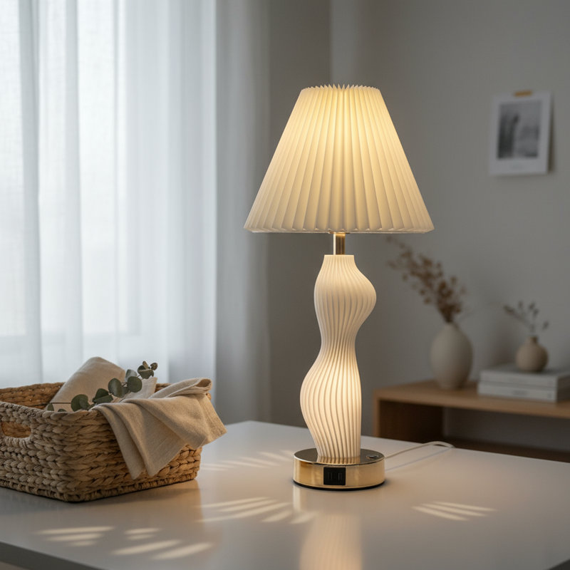 Double Glow Dual Light Rechargeable 3D Printed Bedside Lamp, Luminous Base & Pleated Fabric Shade LED Table Lamp, USB Cordless Nightstand Lamp