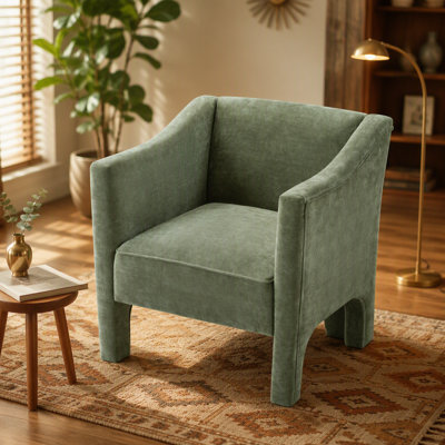 Fauteuil d'appoint moderne en tonneau avec accoudoirs fermés et revêtement en chenille pour le salon ou la chambre à coucher.