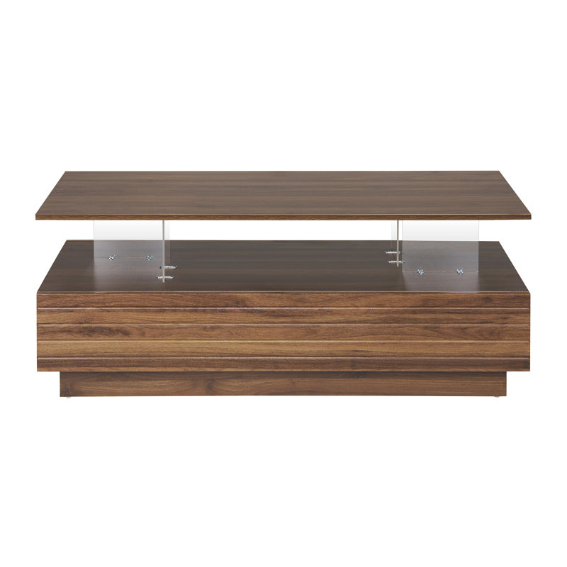 Modern Walnut Rectangular LED Lights Coffee Table With 2 Drawers In 47.2", Walnut
