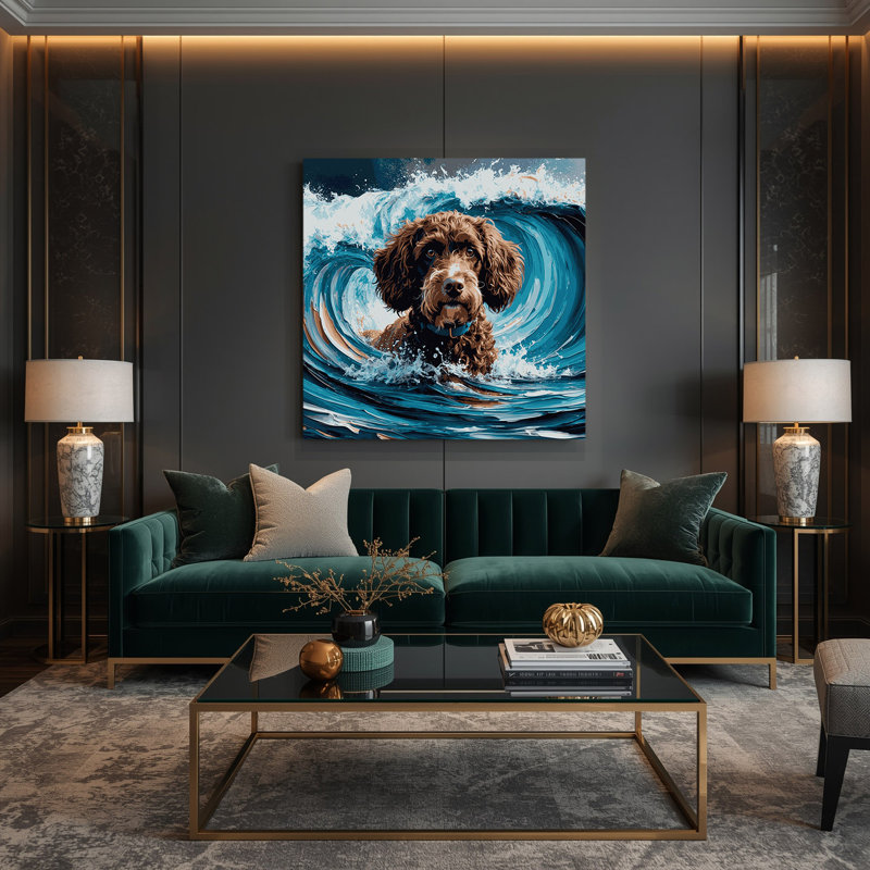 Chiens, chien d'eau espagnol sur toile grise, H 12 po x l 12 po