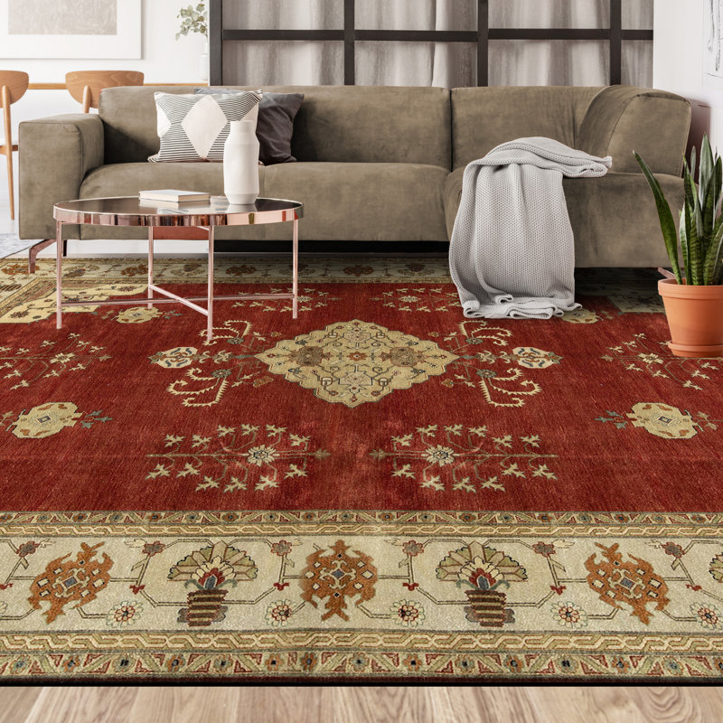 Tapis rouge et beige noué à la main de haute qualité, Rectangle 11 pi 10 po x 17 pi 7 po