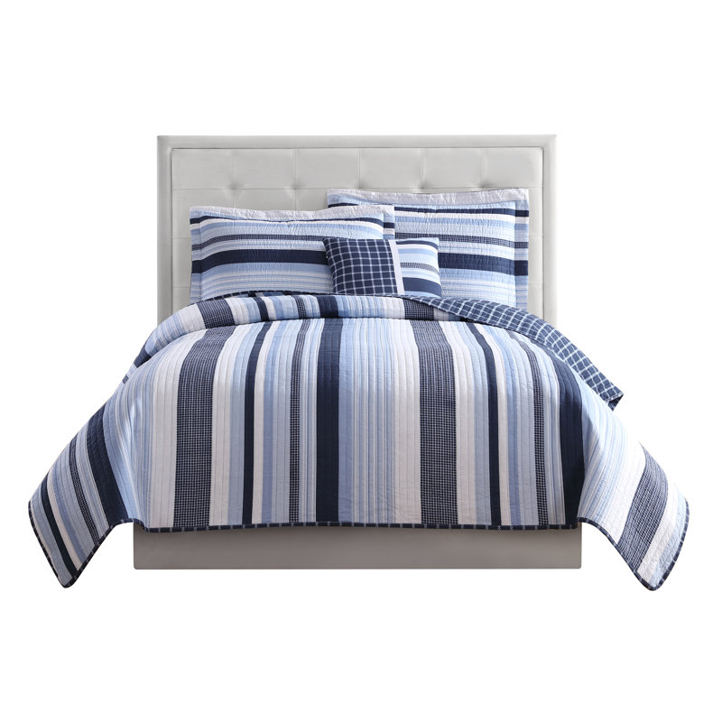 Nautical Blue and White Striped Twin Quilt Set with Decorative Pillow