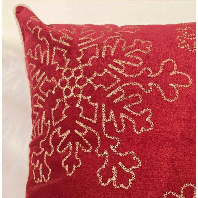 Coussin décoratif rouge en velours 20X20 avec broderie et insert en flocon de neige doré, Rouge