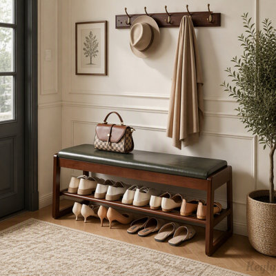 Banc de rangement à chaussures en bois avec plateau relevable et étagères