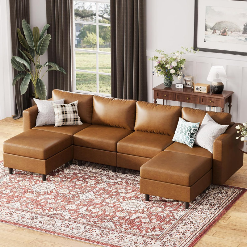 Canapé modulaire réversible en L 6 pièces avec siège de rangement 118,5 po 6 pièces, Similicuir brun