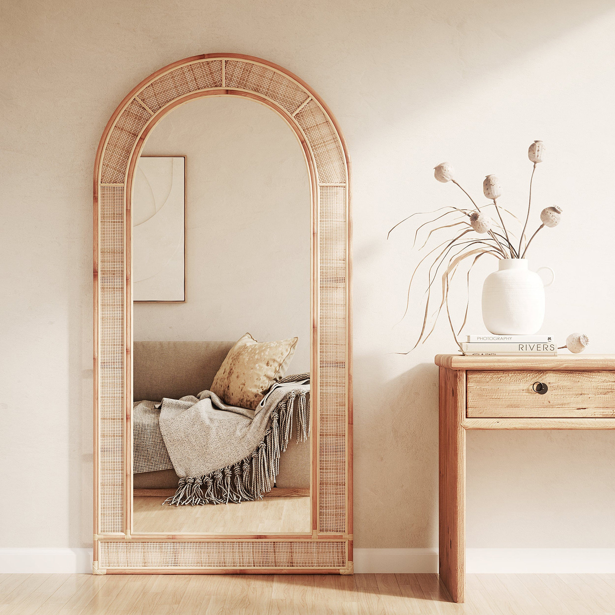 Bayou Breeze Antrel Arch Floor Mirror, Boho Rattan Full Length Mirror ...