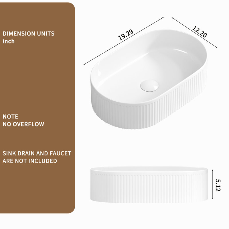 Oval Bathroom Sink, 19 X 12, Milk White Ceramic Wash Basin, Contemporary Design For Bathrooms - 1/4 Wide Above Counter 12 3/8 Deep, Glossy Ceramic, Effortless Cleaning
