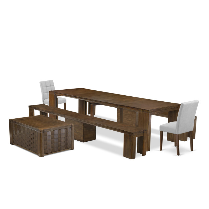 L'ensemble de table de salle à manger 6 pièces comprend une table de salle à manger extensible, 1 table basse, 2 chaises de salle à manger en polyester et 2 bancs, noyer antique
