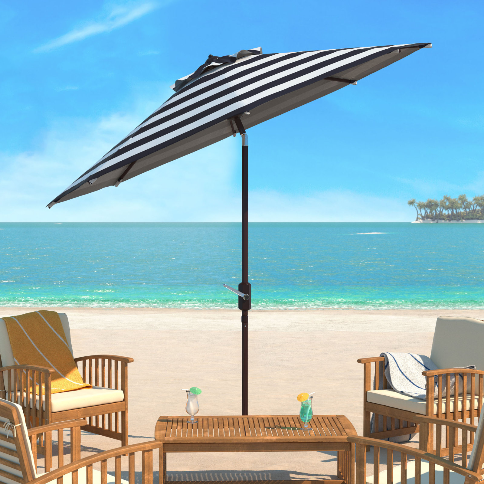 100.79'' Outdoor Umbrella, Navy/White, Brown