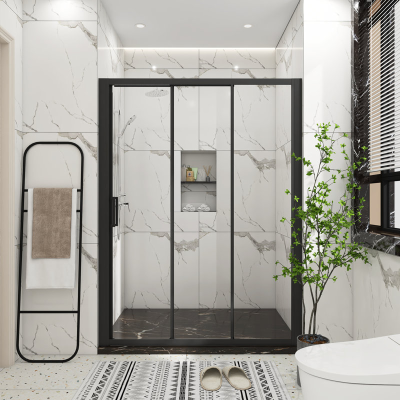 60 po X P 70 po H Porte de douche coulissante semi-sans cadre au fini noir mat