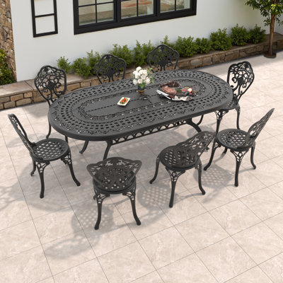Ensemble de salle à manger d'extérieur ovale 9 pièces de 208 cm (81,89 po) de long avec trou pour parasol, 8 chaises de salle à manger, largeur d'assise de 39 cm (15,35 po)