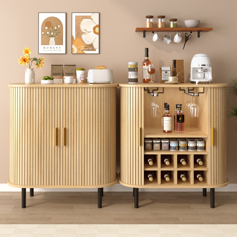 Buffet moderne, buffet de 28 po avec 4 rangements latéraux cachés et tablettes réglables pour la salle à manger, Natural