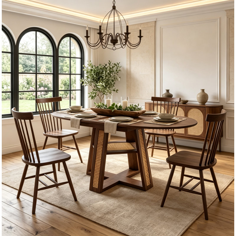 Extendable Round Dining Table with Hidden Storage and Decorative Woven Details