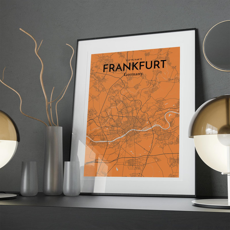 Frankfurt City Map In Orange - No Frame Print, 27.6cm H x 19.7cm W x 0.05cm D