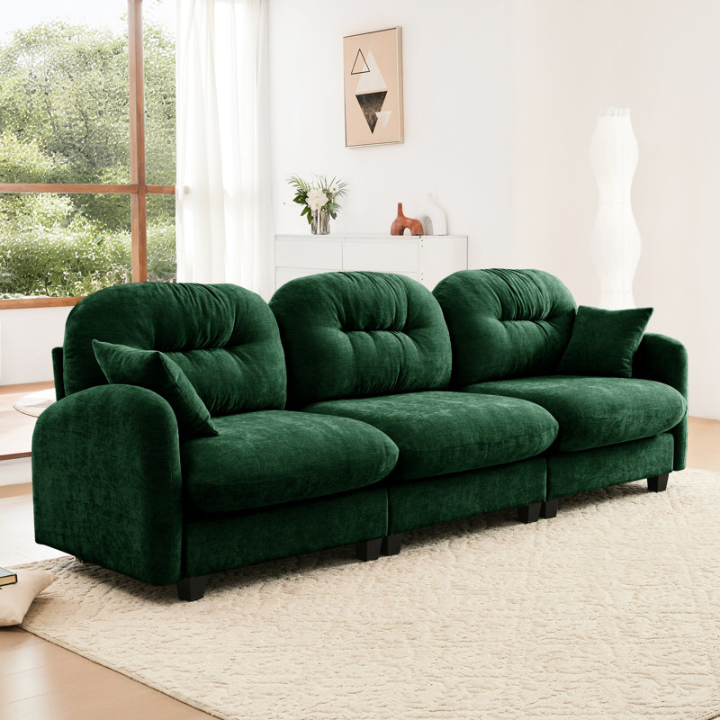 Three - Modulaire en chenille, conception ergonomique incurvée, coussins et base pour canapé en bois, Chenille verte