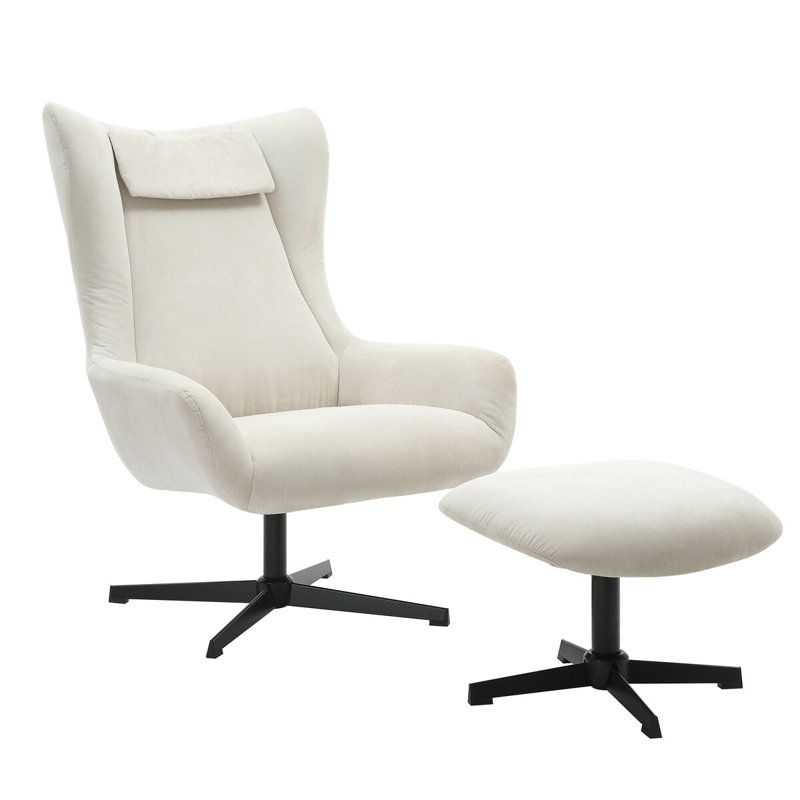 Tishkevich Upholstered Swivel Accent Chair with Footstool, Cream Corduroy