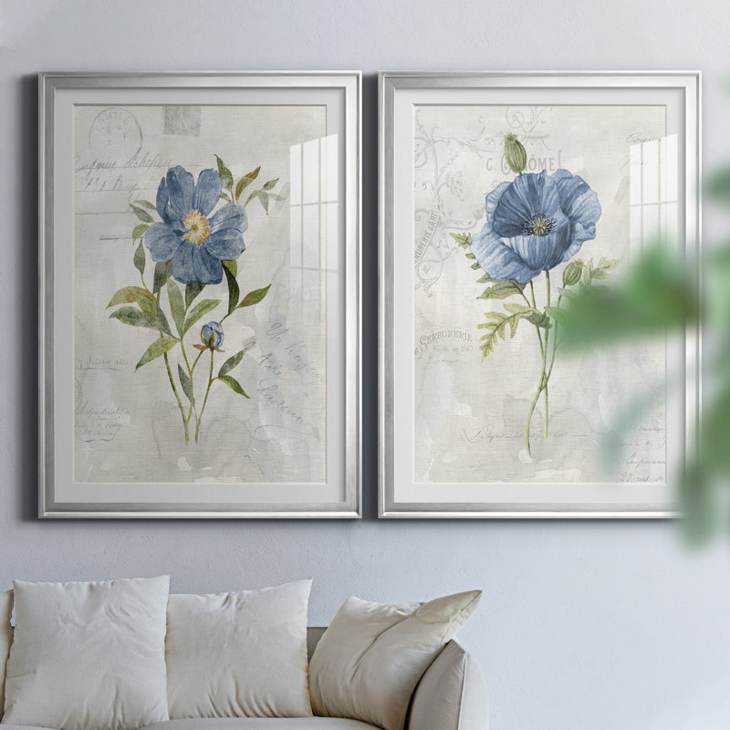 Blue Linen Peony - ensemble de 2 reproductions d'art, H 26,5 po x l 73 po x P 1,5 po, Blanc, Papier avec cadre argenté
