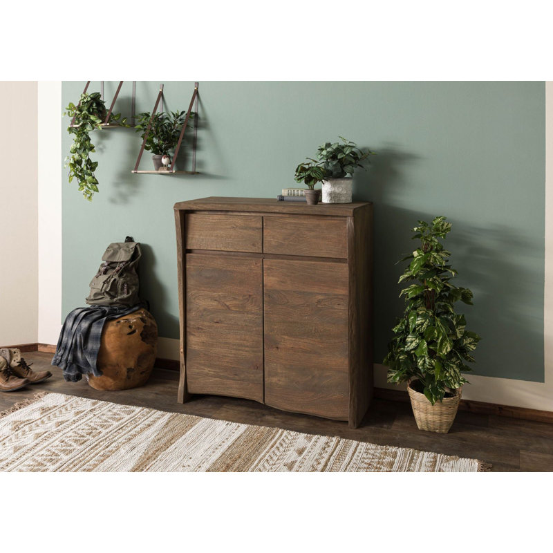 PURE MANGO 100cm Wide 2 Drawer Solid Wood Highboard, Brown/Sandblasted