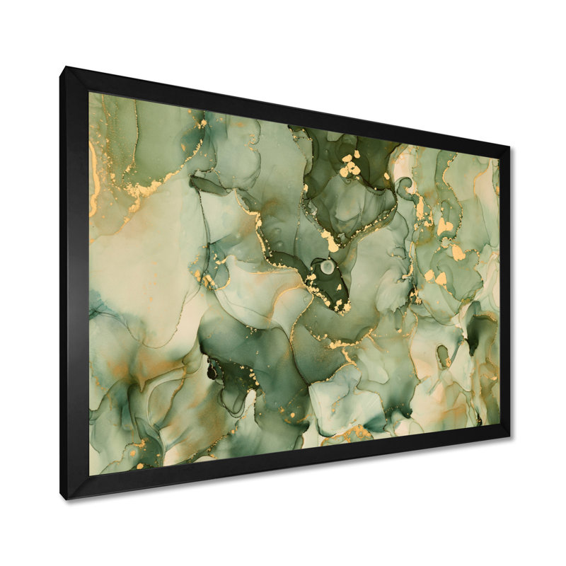 " Green Luxury Abstract Fluid Art I " by Designart, Framed Print, 34" H x 44" W, Black