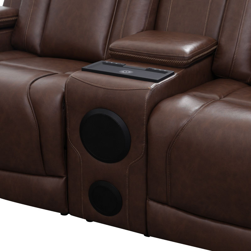 Ensemble de canapé de salon inclinable 3 pièces cognac espresso avec haut-parleurs Bluetooth, recharge sans fil et lumières DEL