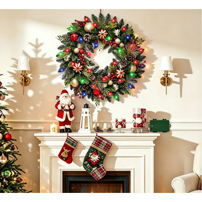28 Inch Artificial Lighted Christmas Wreath with 30 Multi-Color LED, Front Door Holiday Decoration