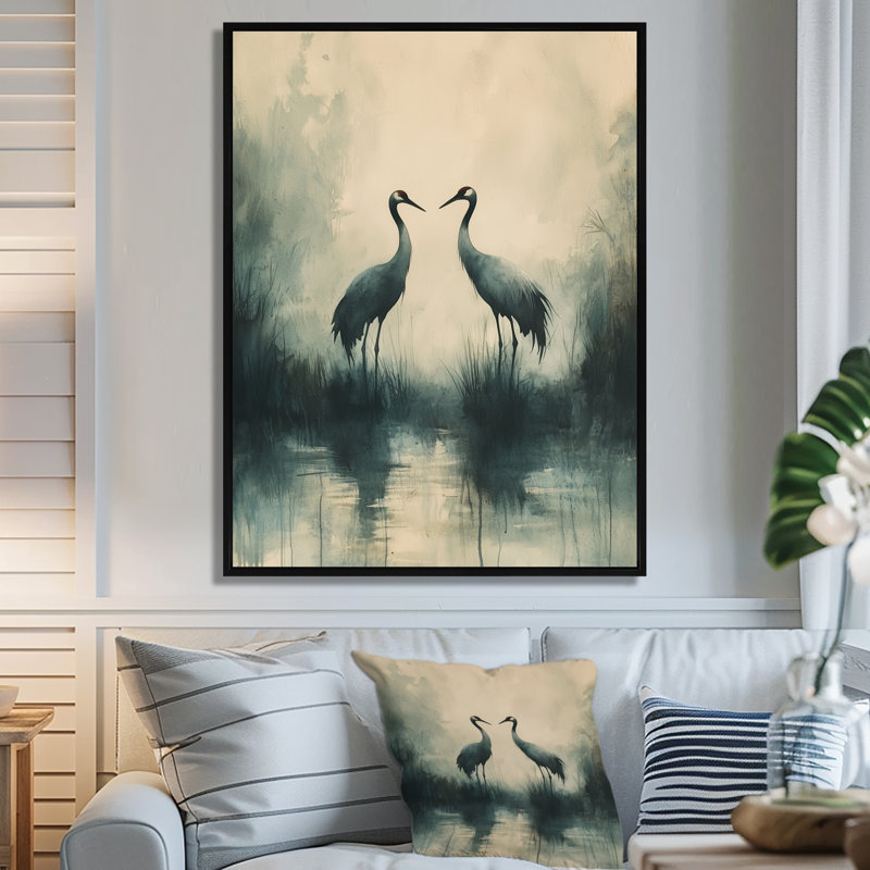 Kolton Cranes In The Misty Marsh III - Heron, art mural, H 20 po x l 12 po, Impression encadrée flottante, Noir