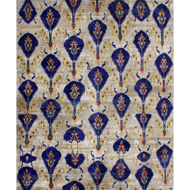 Rumi Abstract Hand-Knotted Silk Beige/Blue/Yellow/Pink Area Rug, Rectangle 9'9" x 13'8"