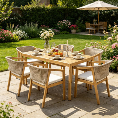 Ensemble de salle à manger d'extérieur en bois d'acacia de 5 pièces, ensemble de mobilier de salle à manger avec 1 table, 4 chaises, table de patio toutes saisons et 4 chaises en osier de rotin pour le jardin, la cour, le bord de la piscine, le balcon, le teck et le beige