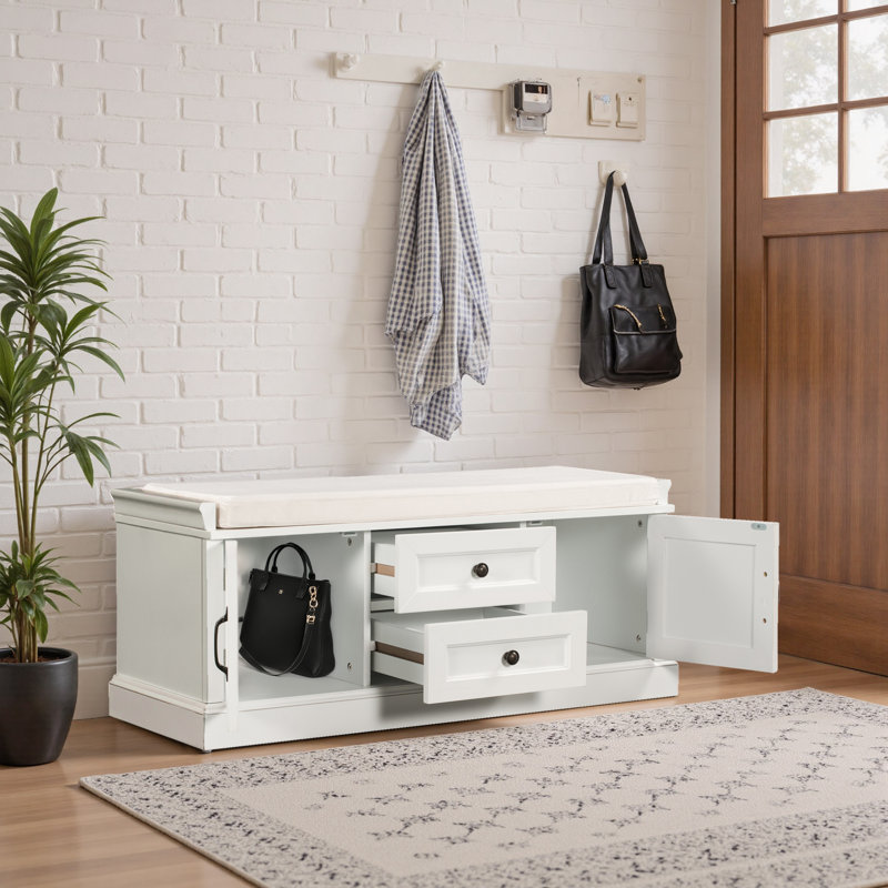 42.5" Wide Shoe Storage Bench With Cushion Storage Bench with 2 Drawers and 2 Cabinets, White