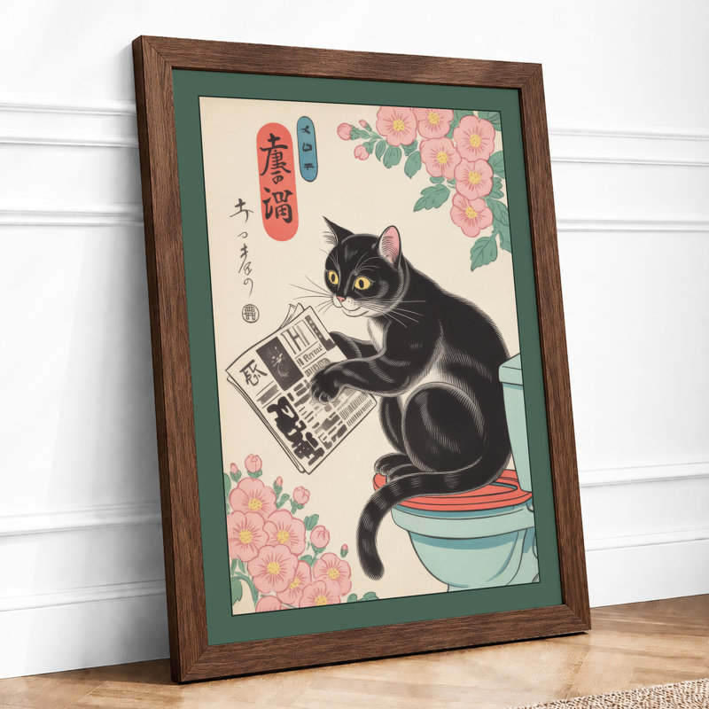 Cat with Newspaper and Roses Japandi - Framed Print, A3 - 42.0 x 29.7 cm, Walnut