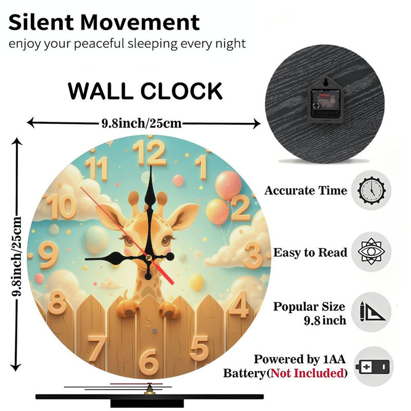 Jolie horloge de girafe, clôture, ballons, chiffres