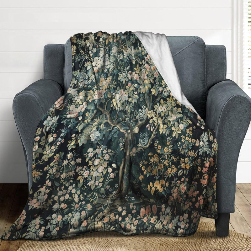 Couverture florale, bohème rustique, art floral vert foncé, motif d'arbre de fleurs, douces, chaudes, douillettes, couvertures en flanelle pour le salon, la chambre, le canapé, le camping, la maison, le voyage, la tapisserie, 50 x 40 po
