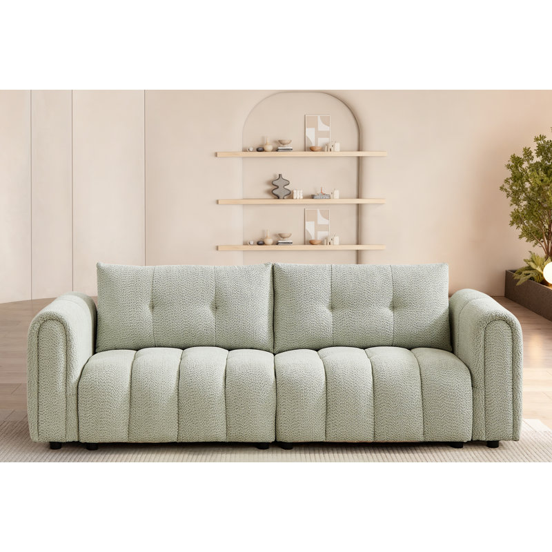 91.5" Green Chenille Modern Tufted Sofa, Upholstered Living Room Couch with 2 Throw Pillows, Cloud Sofa for Apartment, Bedroom, Office