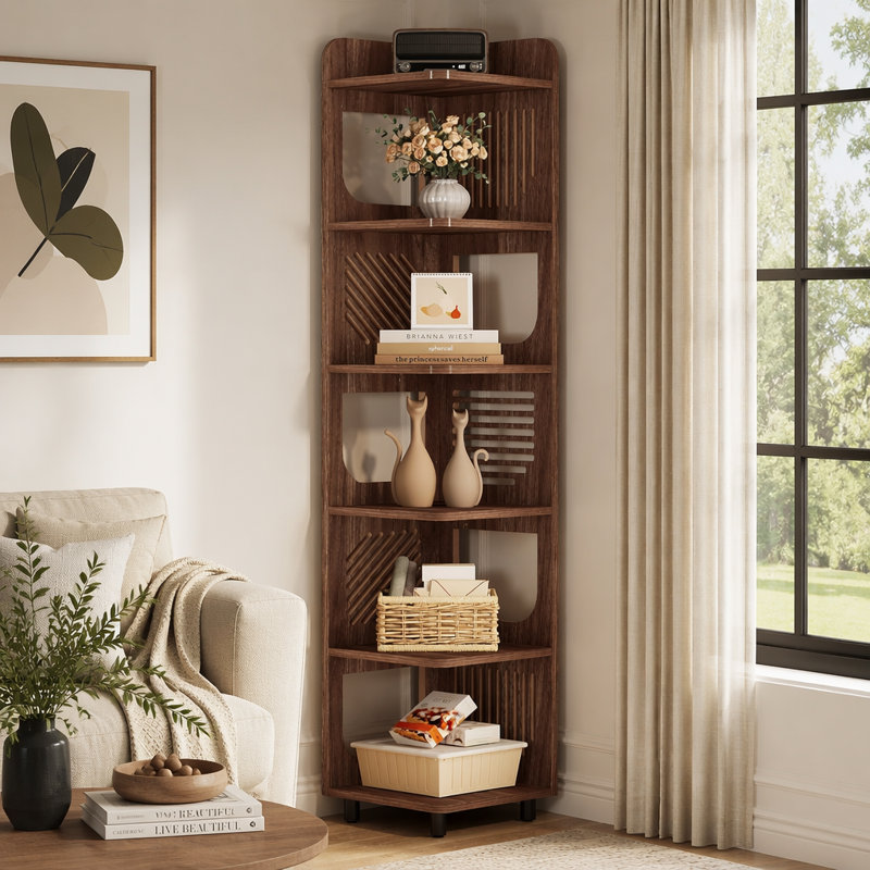 6-Tier Narrow Corner Bookshelf, 90-Degree Corner Storage Shelf for Living Room Office Bedroom